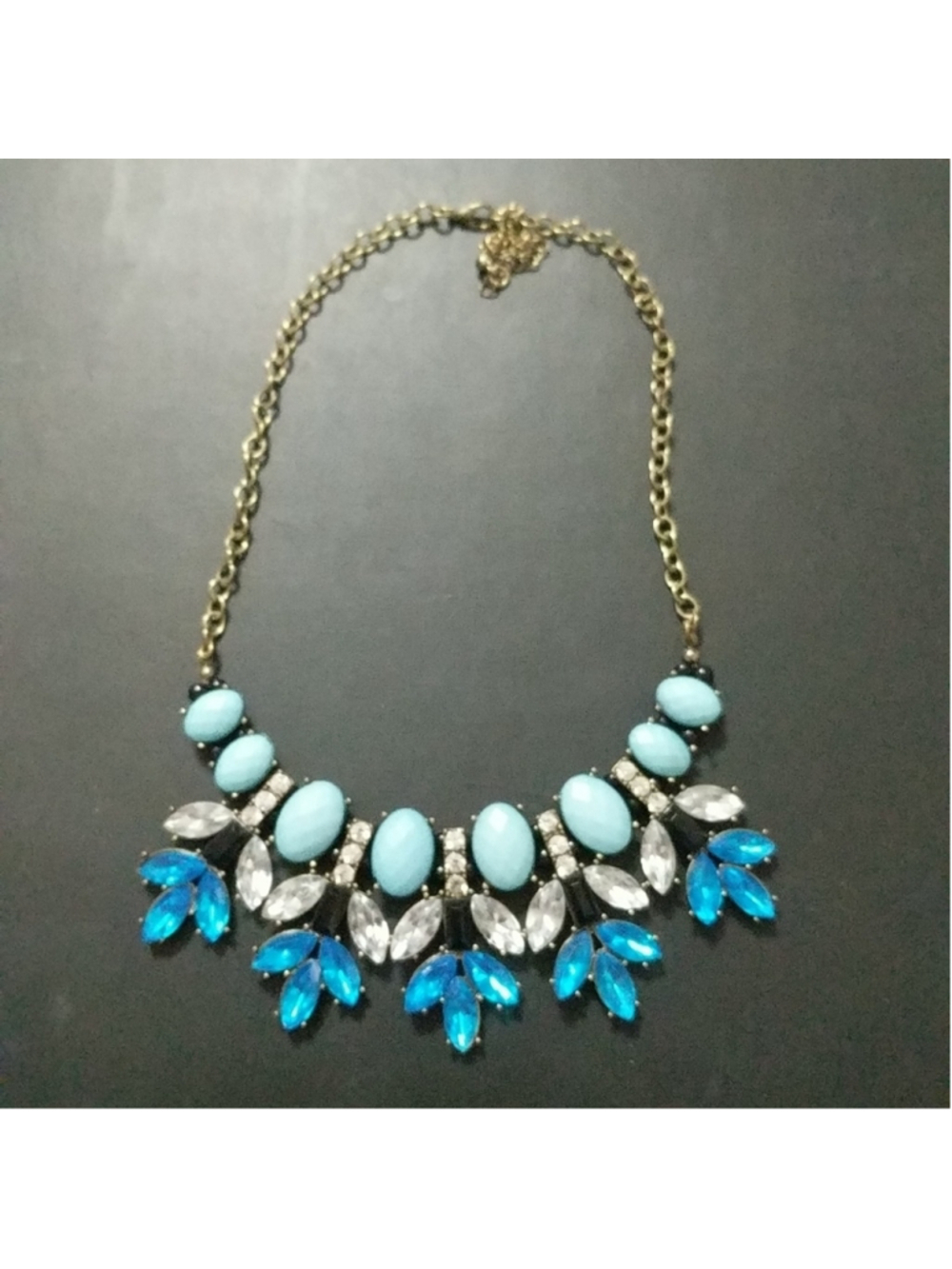 Brass Tone Blue Black and Clear Rhinestone Statement Necklace